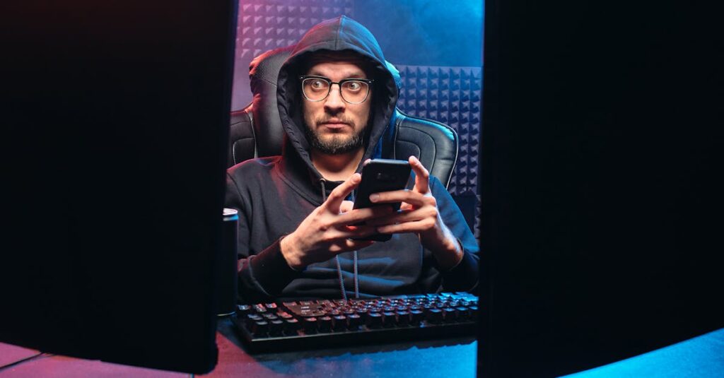 副業中のプライバシーを守るために注意深く作業する40代会社員。書類やパソコンの画面を見ながら慎重に行動している姿。